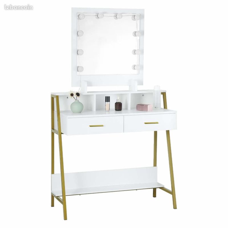 Coiffeuse Moderne Acier Doré + Miroir Lumiere Rangement Etageres + Tiroirs Chambre (image 1)