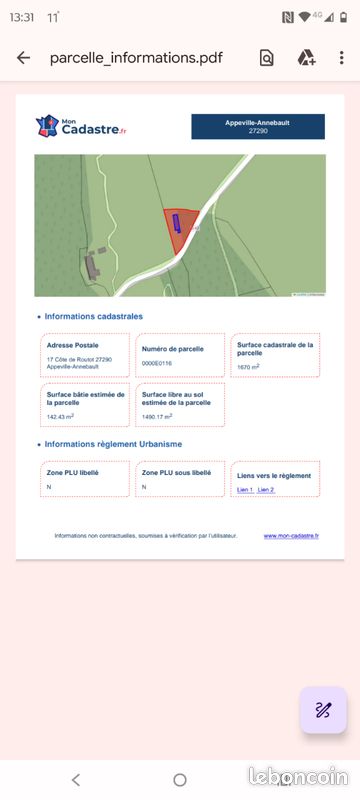 Terrain Naturel 1700m2 cadastré sur 120m2 · à Appeville-Annebault · 12 000 €