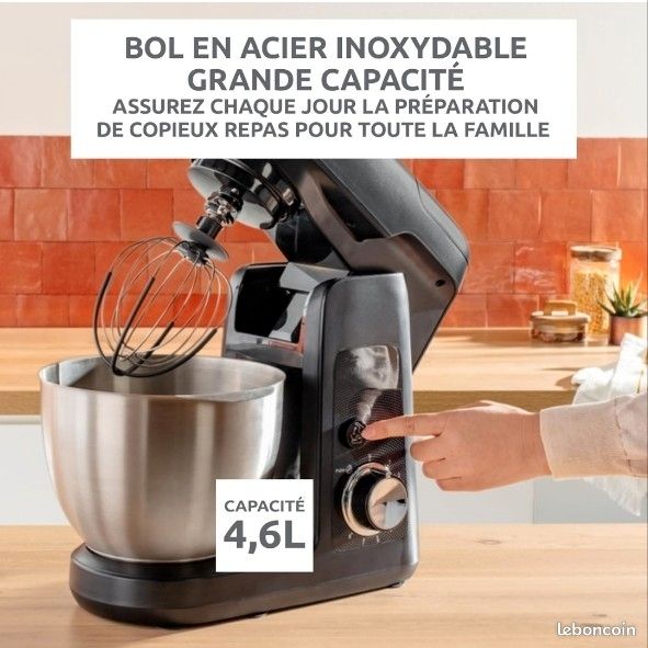 Robot moulinex neuf 1100WMoulinex Bake Partner, Robot pâtissier, Puissance 1100 W, Bol inox 4,6L, Batteur, Fouet, Pétrin, Blender, Découpe-légumes, Résultat homogène, Noir, QA522810 (image 4)