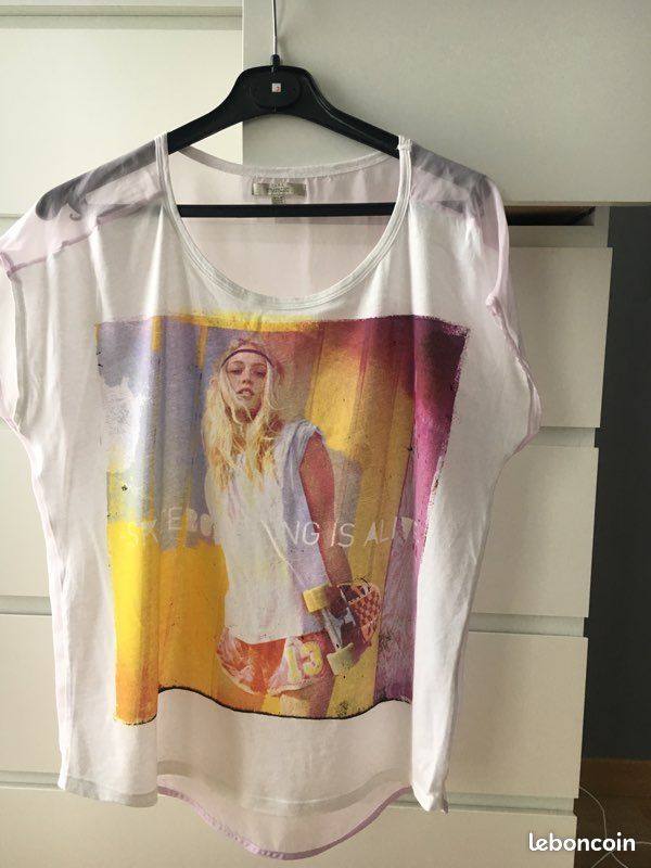 T-shirt femme blanc devant mousseline rose à l’arrière à motifs Zara taille M 38 - 40 (image 1)