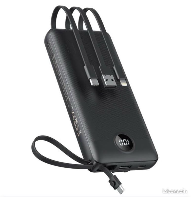 Batterie Externe 20000mAh Charge Rapide 22.5W - Power Bank USB Avec Lampe Torche - Noir