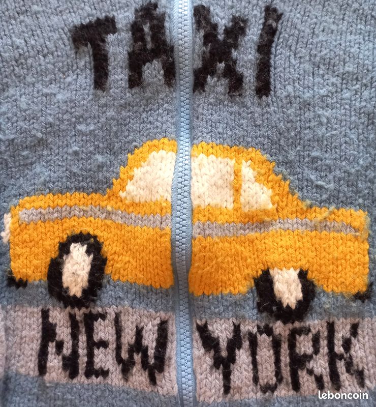 Gilet Taxi New York à capuche, TBE, Modèle Phildar, tricoté main, 100% laine, qualité Merinos 6, avec fermeture éclair, taille 6 ans (image 3)