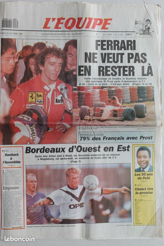 L'Equipe du 23/10/1990 - Ferrari - Alain Prost - Ayrton Senna - Les 50 ans de Pelé (image 1)
