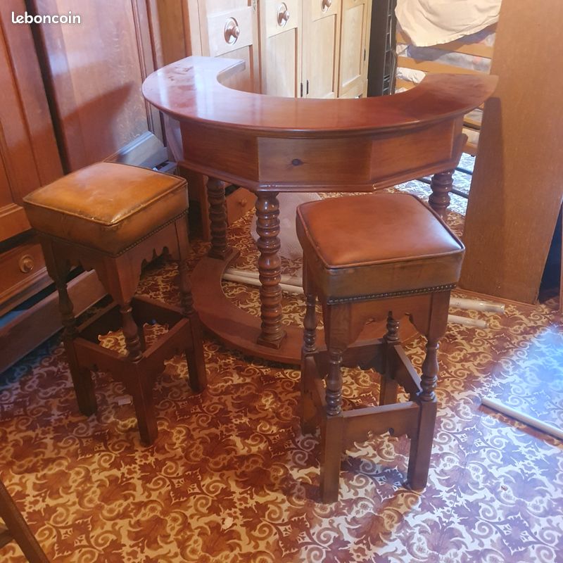 Bar demi lune bois avec 2 tabourets (image 1)