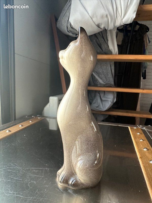 Chat En Céramique Gris - Statuette Signée - Déco Française