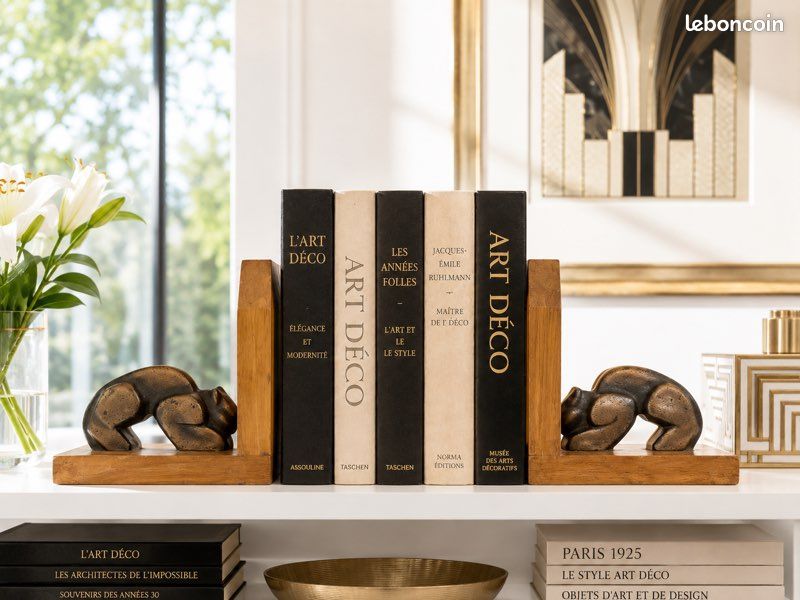 Paire de serre-livres chats en bois et métal patiné – Art Déco (image 1)