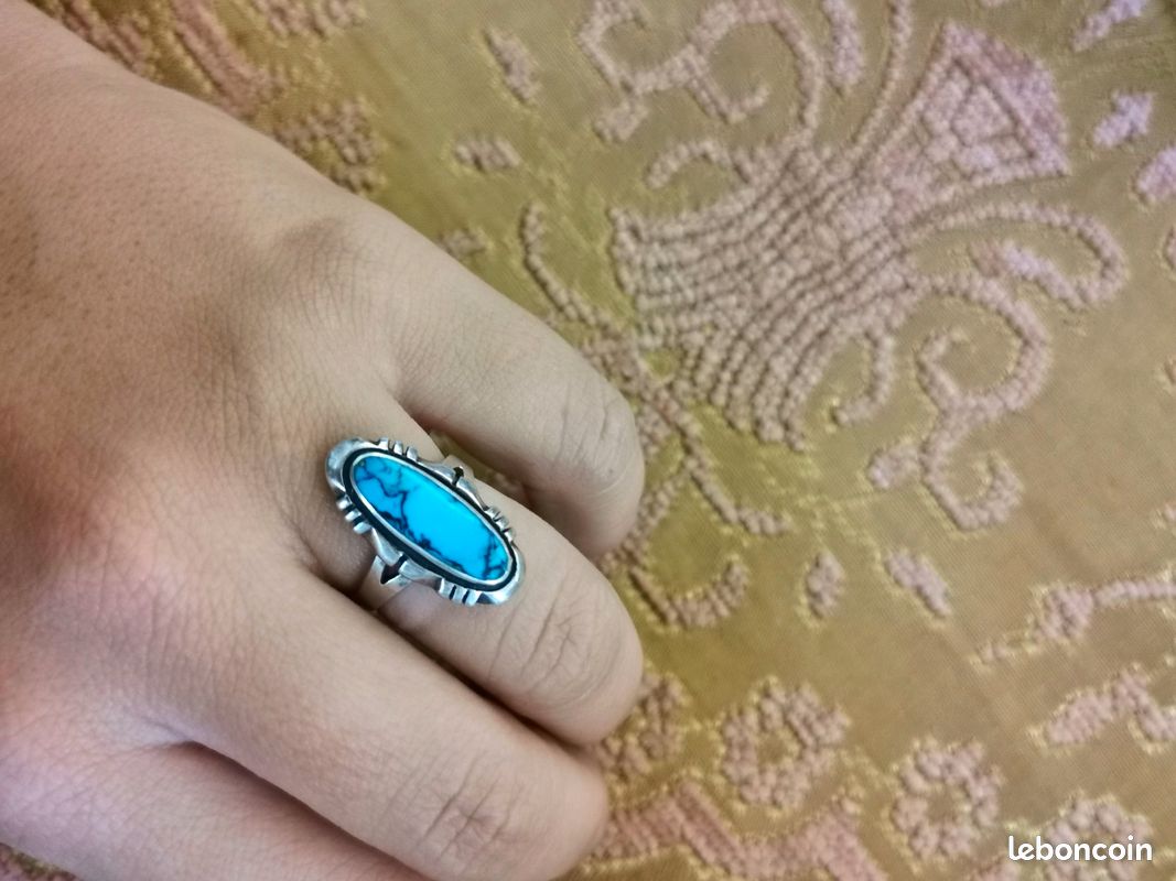 Bague Amérindienne Navajo Vintage Argent Sterling Et Turquoise - Taille 55 - Occasion - Bijou Ethnique