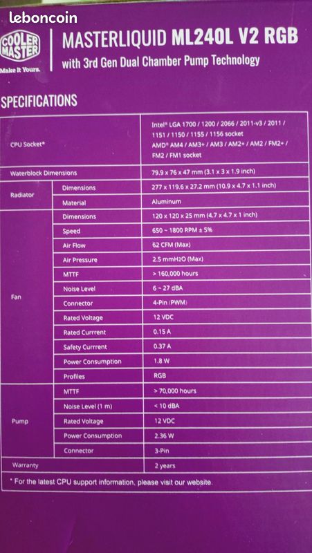 Vends coolermaster ml240l liquid (image 1)