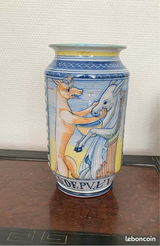 ANCIEN POT À pharmacie CIRE JAUNE en porcelaine de MEHUN signé 24 cm Apothicaire EUR 140,00 - FR