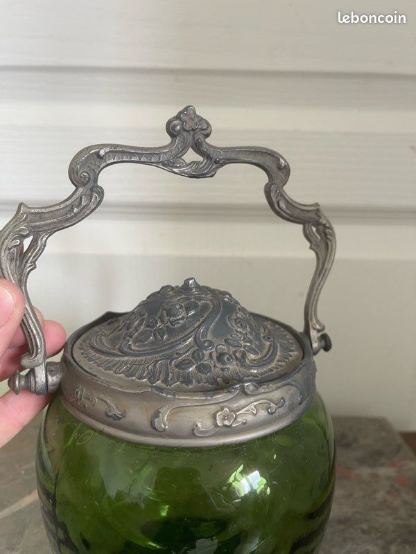 Joli Pot à Biscuits En Verre Vert Et Métal Doré - Déco Vintage De Cuisine