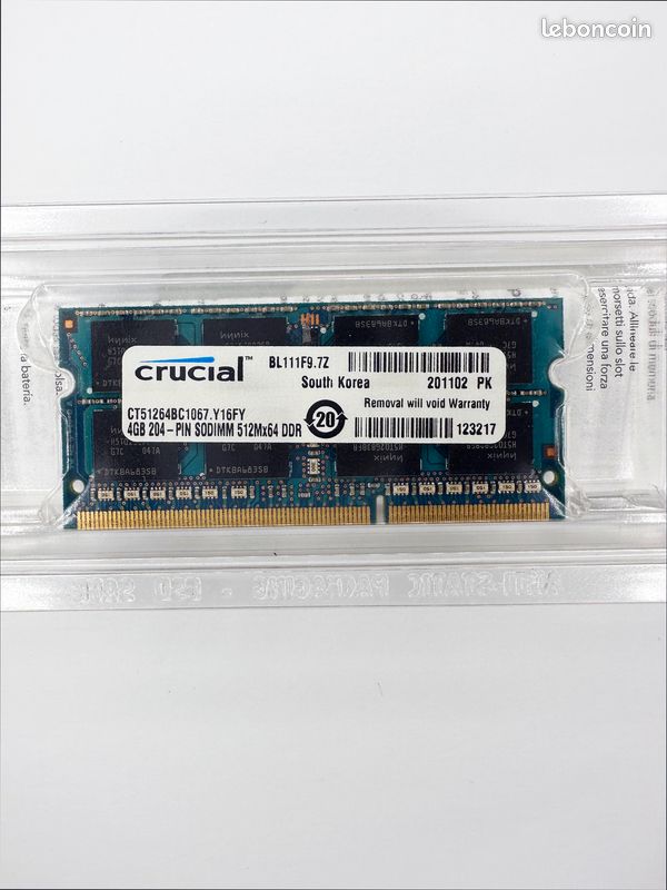Mémoire RAM 4 Go Crucial SODIMM DDR – Mac – CT51264BC1067 (image 1)