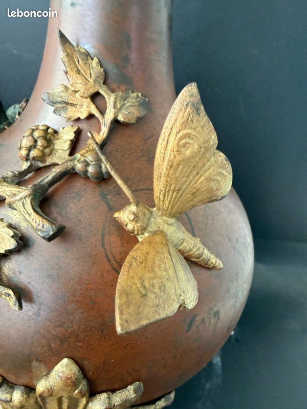 RARE Antique Napoleon III Japonisme Vases Pair Bronze Lizards Papillon France (image 7)