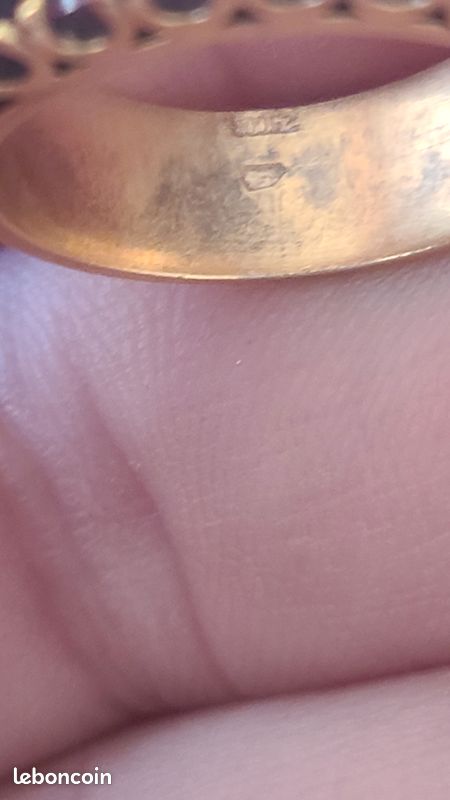 Bague Vintage Plaqué Or Poinçon - Taille 53 - Jonc Perle Grenat - Occasion - Bijou Ancien #2461