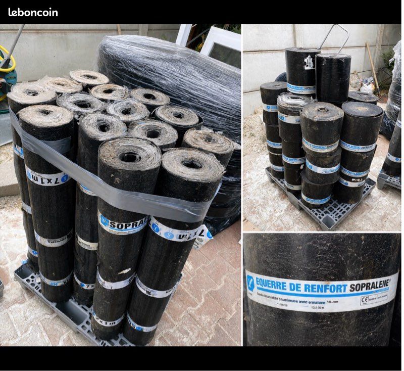 Lot de 40 rouleaux de membrane d’étanchéité SOPREMA – 14 rouleaux 7 × 1 m + 26 rouleaux de renfort (image 1)
