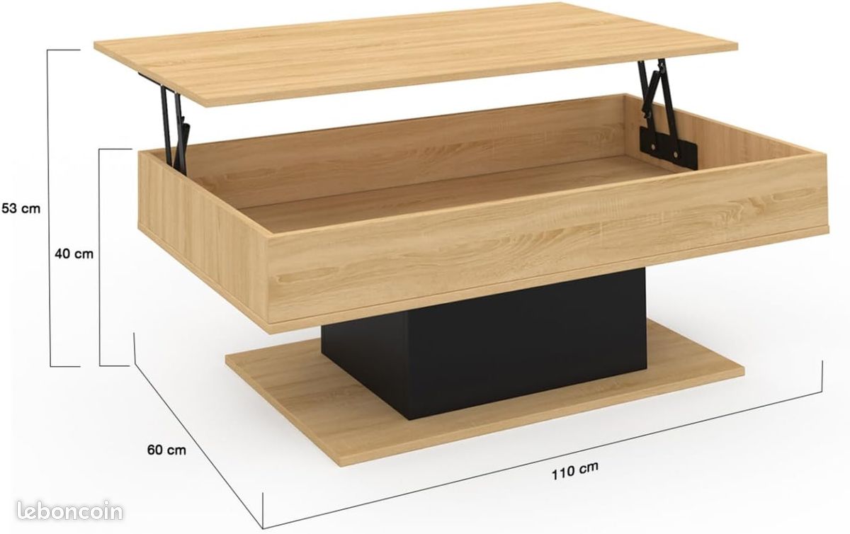 Table Basse Plateau Noir et Bois Relevable + Rangement Salon Salle à Manger (image 2)