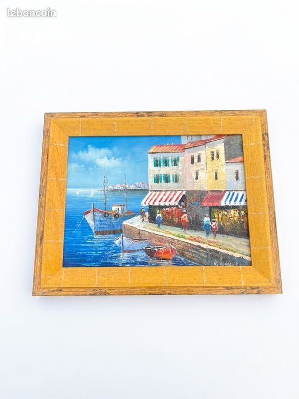 Tableau ancien encadré - Scène de port méditerranéen / Signé K. Wallis (image 1)
