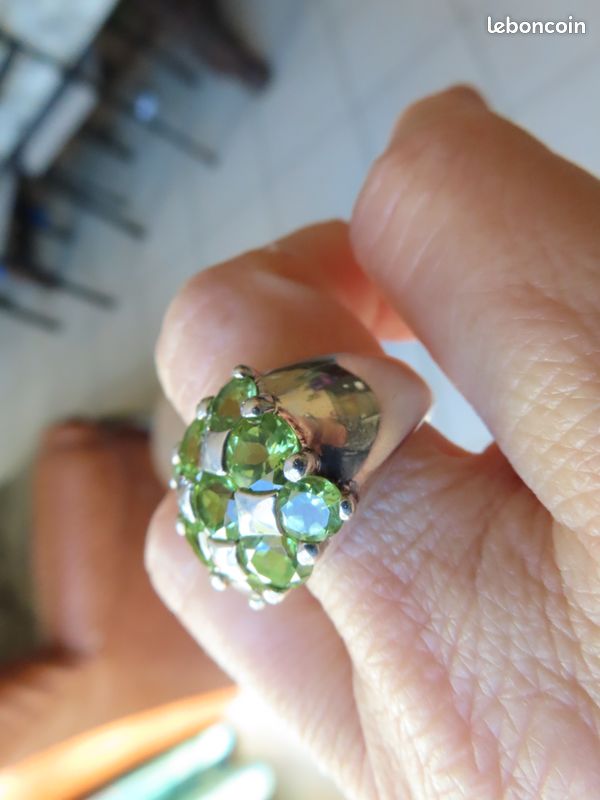 Bague Vintage Réglable Cristaux Diamant Vert Péridot - Argenté, Occasion Très Bon état