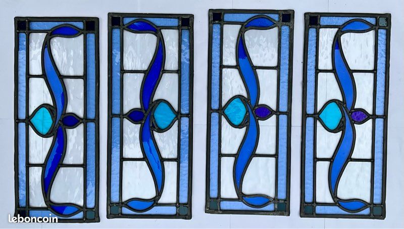Ensemble de 6 vitraux anciens Art Nouveau en verre au plomb vers 1900 (image 6)