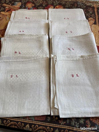 Lot De 5 Grands Torchons Anciens En Lin – Blanc Cassé – Neufs (1900-1920)