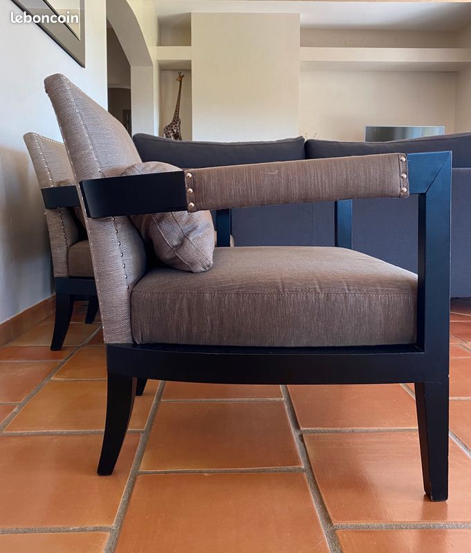 LOT de 2 Fauteuils Tissu et Bois Marron/noir/ Design Haut de gamme (image 2)