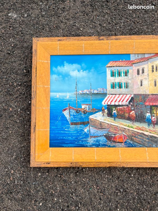 Tableau ancien encadré - Scène de port méditerranéen / Signé K. Wallis (image 3)