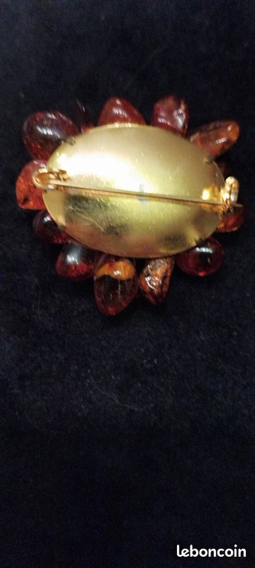 Broche Ancienne En Ambre Et Laiton Argenté - Bijou Vintage Occasion