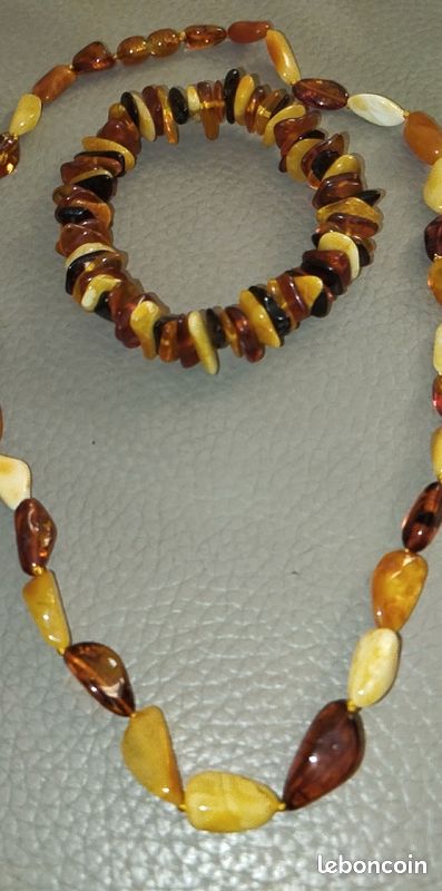 Collier Ancien En Ambre Baltique - Pierres Naturelles Blanches, Jaunes, Caramel - Occasion - Bijou Vintage