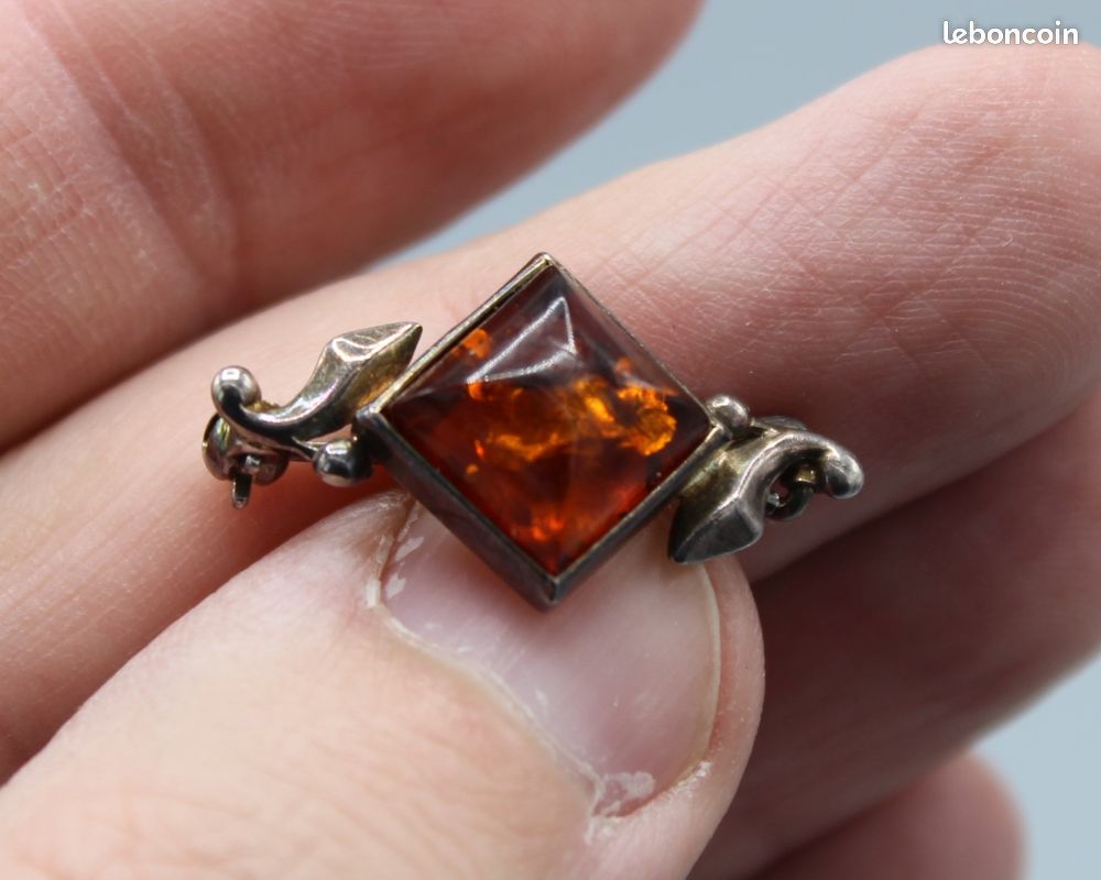Broche Ancienne Argent Massif 925 Et Ambre Naturel – Bijou Vintage Authentique
