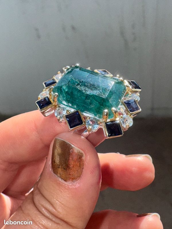 Bague Cocktail Argent 925 – Turquoise Naturelle Et Diamants, Coupe Baguette, Taille Ajustable