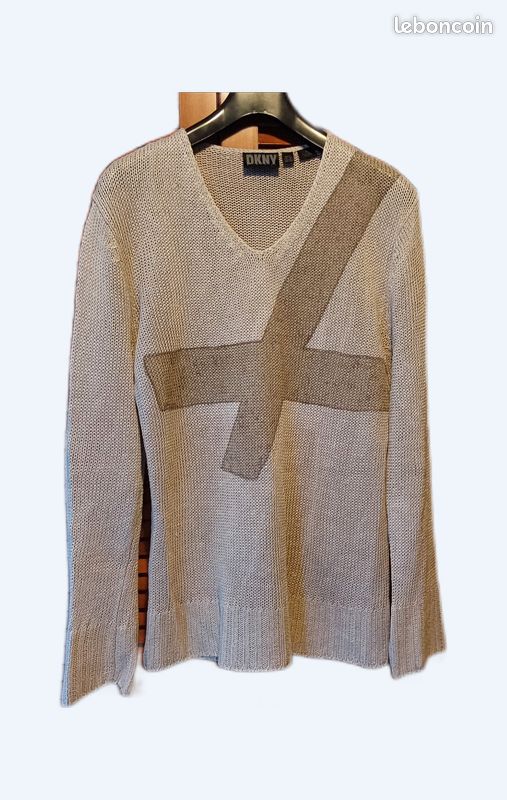 Pull DKNY En Laine - Col V - Taille M/L - Gris - Occasion Très Bon État