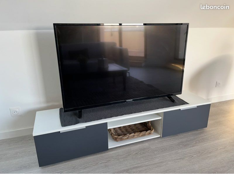 Long Meuble TV en bois blanc et gris foncé anthracite. 2 grands tiroirs (image 2)