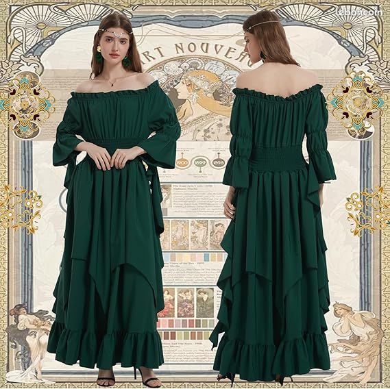 Déguisement Médiéval Femme – Robe Renaissance 9 Pièces – Haut Épaule Dénudée – Jupe Asymétrique – Ceinture Sac Banane – Fête Médiévale Cosplay