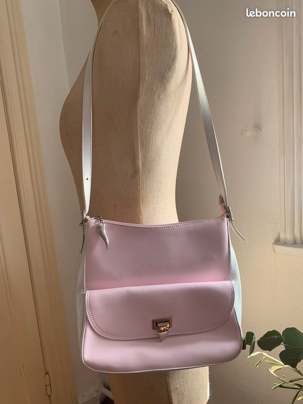 Sac Lancaster vintage années 2000 cuir et simili rose et perle