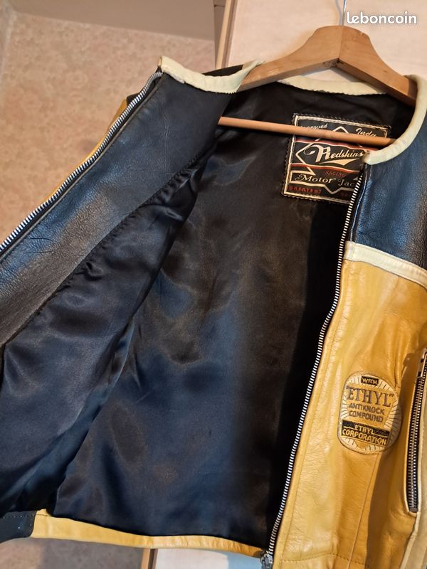 Redskins Femme Indy 500 moto bikers cuir de vachette taille XL couleur noir et moutarde vintage (image 7)