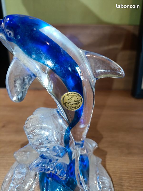 Figurine Dauphin En Cristal Bleu – Cristal D’Arques (15 Cm), Vintage France