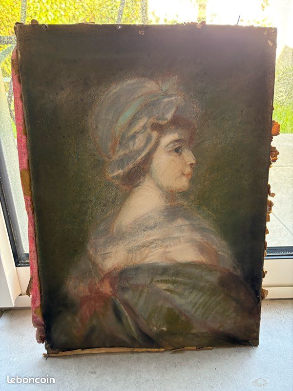 Peinture Portrait XIXème Sous Verre - Encadrement Bois - Milieu XXème - Occasion