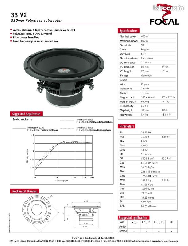 Subwoofer 33 Focal Polyglass V2 Double bobine Équipement auto