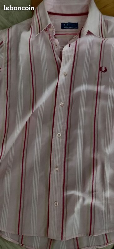 Chemise rayures rose fushia blanc manches courtes TS FRED PERRY état neuf 55 euros (image 5)