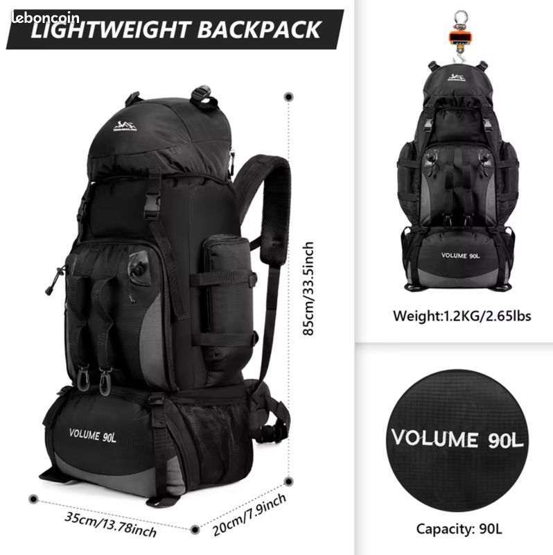 Sac à Dos Grande Capacité Noir - Unisexe, Nylon, Imperméable, Nombreuses Poches