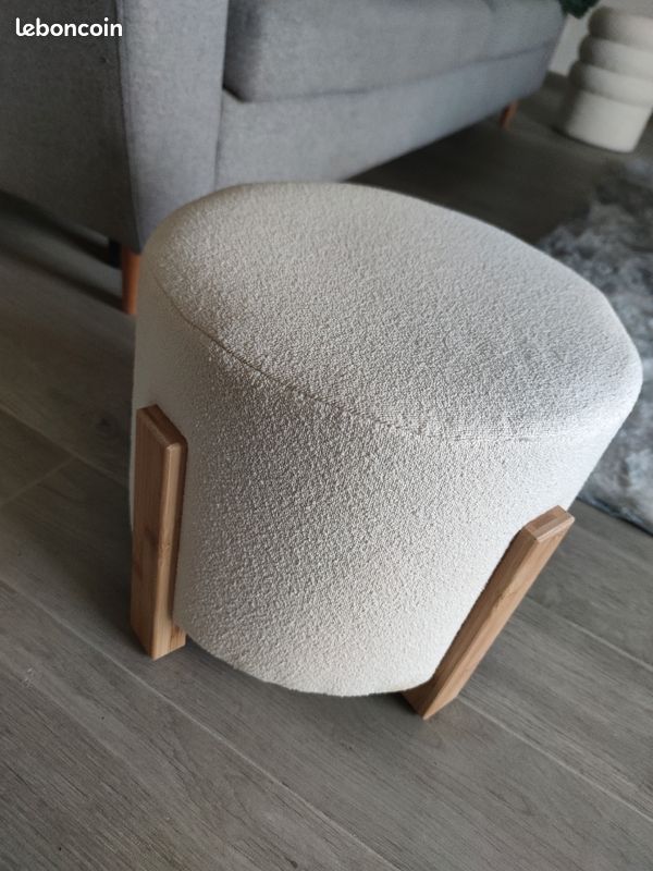 Pouf neuf beige crème et bois (image 1)