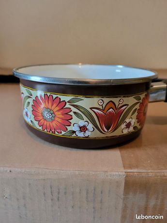Ancien Lot De 5 Casseroles Emaillees a Fleurs Orange Annees 70 Vintage