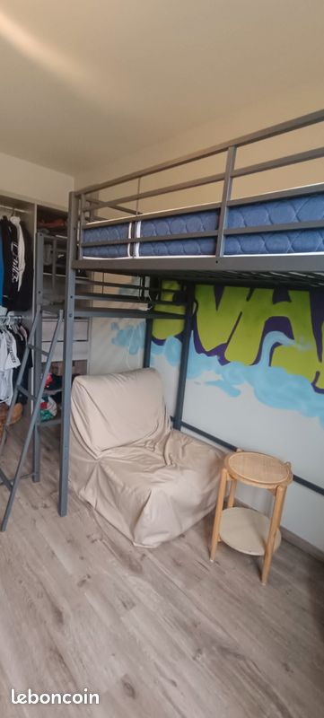 Lit mezzanine 90x200 cm - cadre en fer - avec un bureau et étagères - Noir