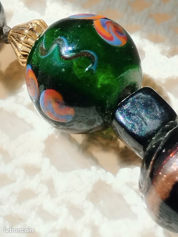 Collier Vintage Perles Pâte De Verre Vert Et Noir - Bijou Unique Ancien - Occasion Parfait état