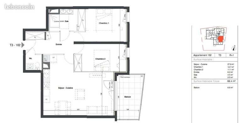 Appartement 3 pièces 66 m²