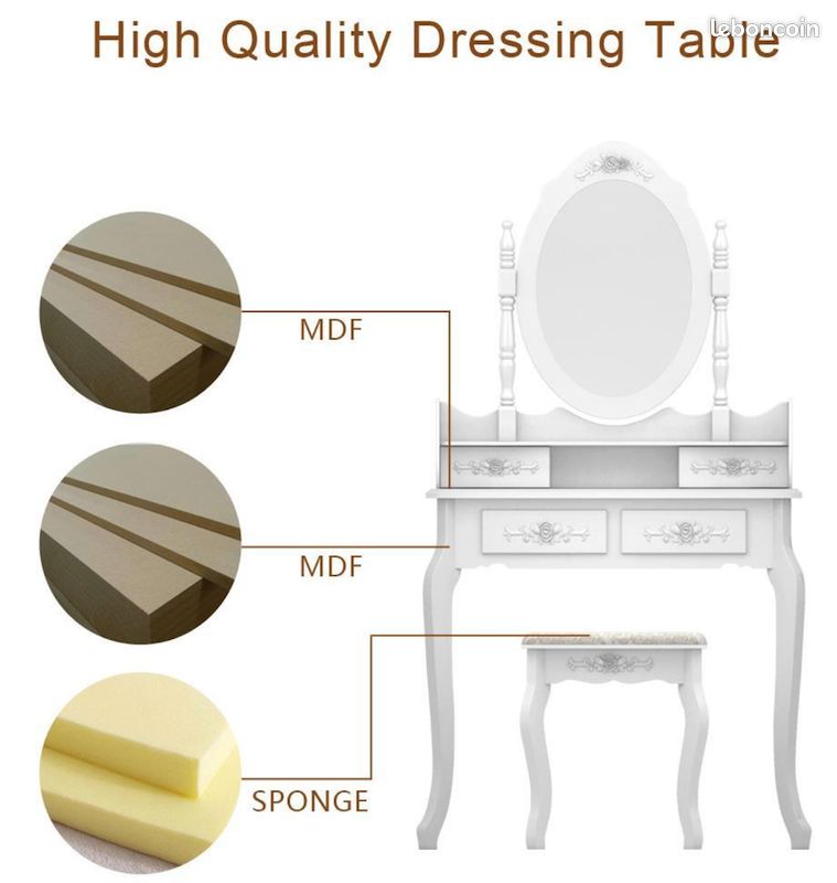 Coiffeuse avec Miroir de Maquillage avec Tabouret Commode 4 tiroirs (image 3)