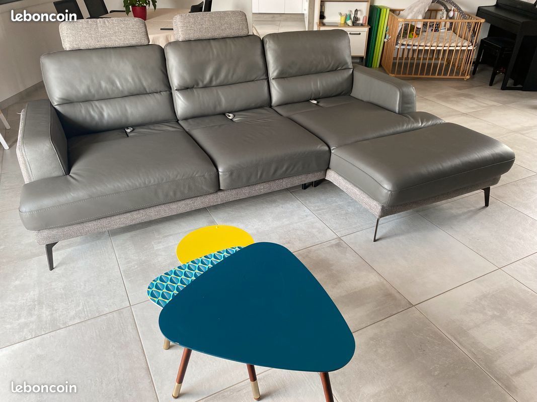 Canapé d’angle chaise longue en cuir (image 2)