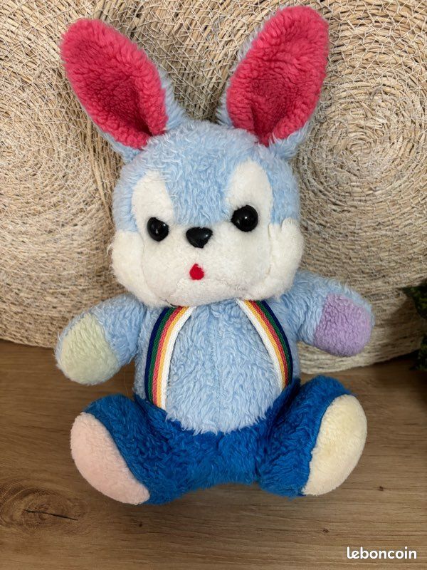 Lapin Bleu En Peluche – Hochet Cheval Rose – Année 1989 – Vintage