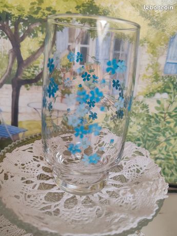 Lot 7 verres Arcopal Myosotis vintage bleu orangeade eau jus fleurs rétro h13cm - Arts de la table