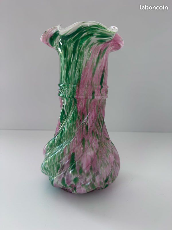 Grand Vase Torsadé en Verre de Murano - Rose et Vert Moucheté - Vintage 1950 (image 2)