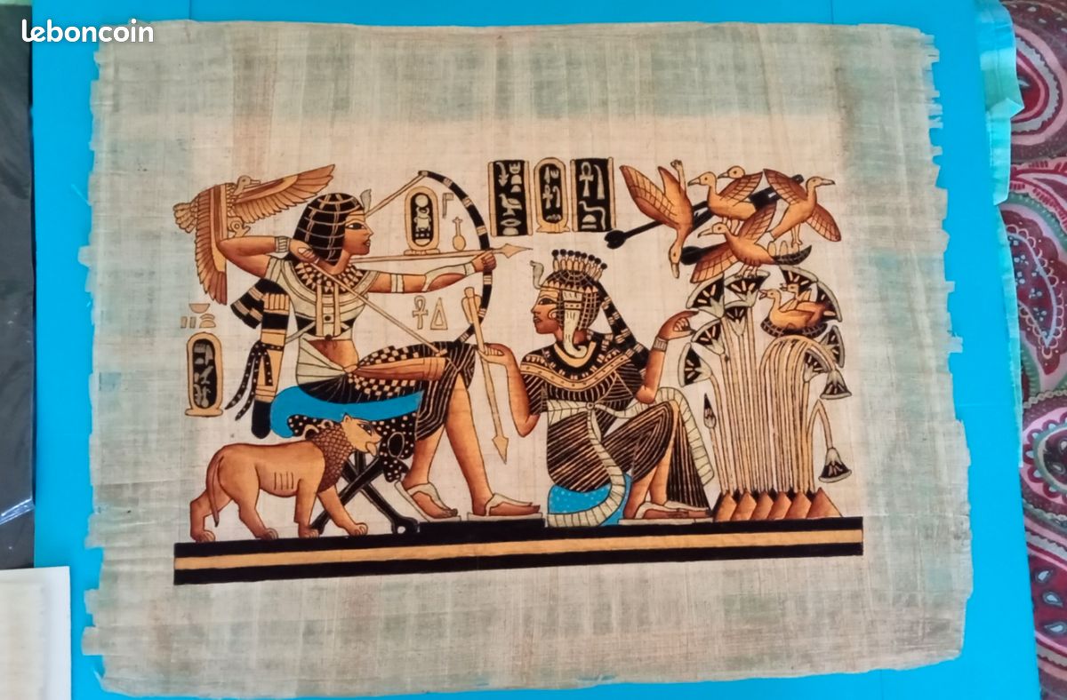 Peinture Sur Papyrus égyptien Vintage Des Années 1970 - Motifs Dorés Et Noirs - Occasion